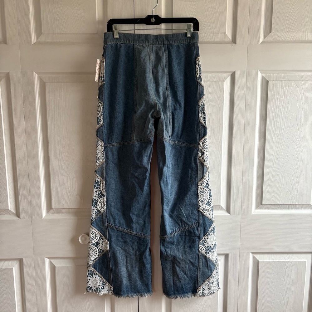 Free People In My‎ Element Kaleidoscope Blue Patchwork Wide-Leg Jeans Lace 26 - Picture 6 of 11